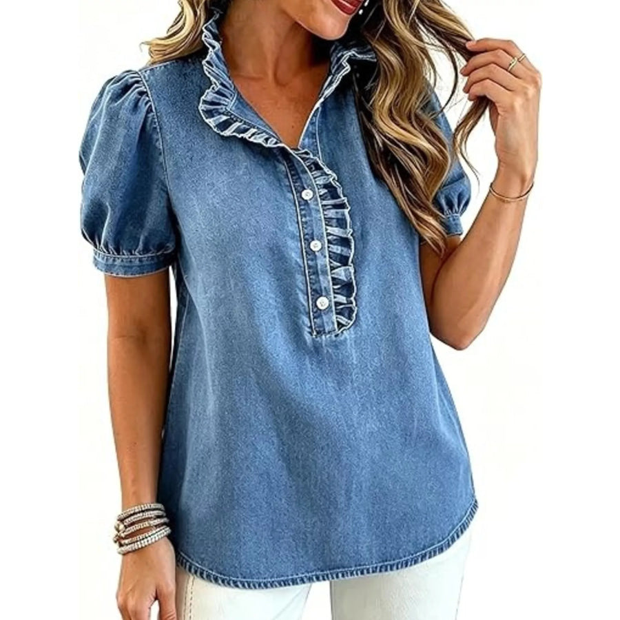Frill Puff Sleeve Denim Top Apparel and Accessories