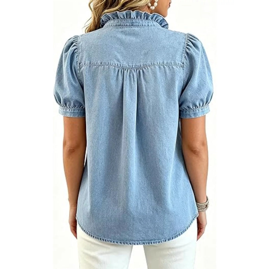 Frill Puff Sleeve Denim Top Apparel and Accessories