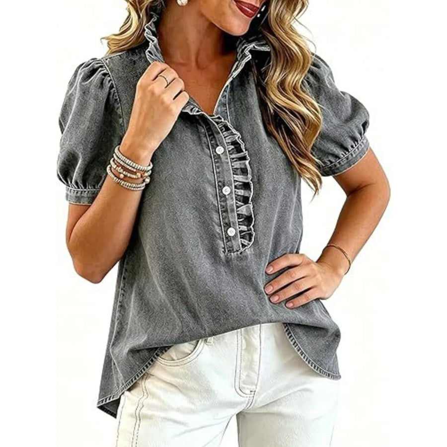 Frill Puff Sleeve Denim Top Apparel and Accessories