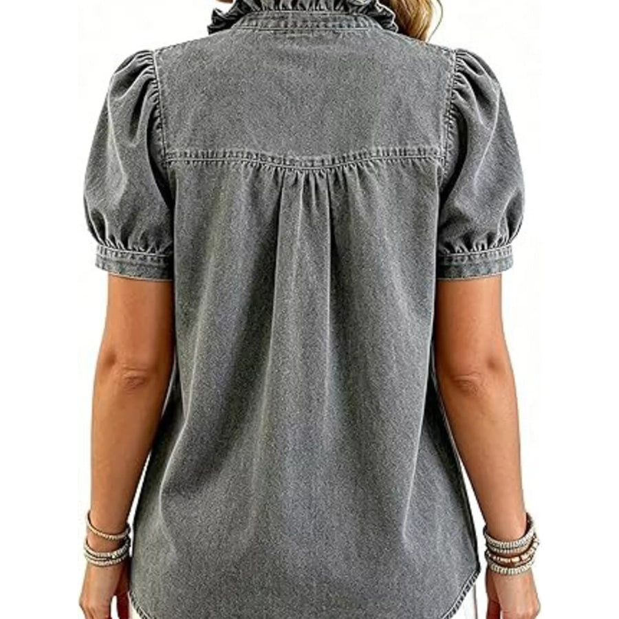 Frill Puff Sleeve Denim Top Apparel and Accessories