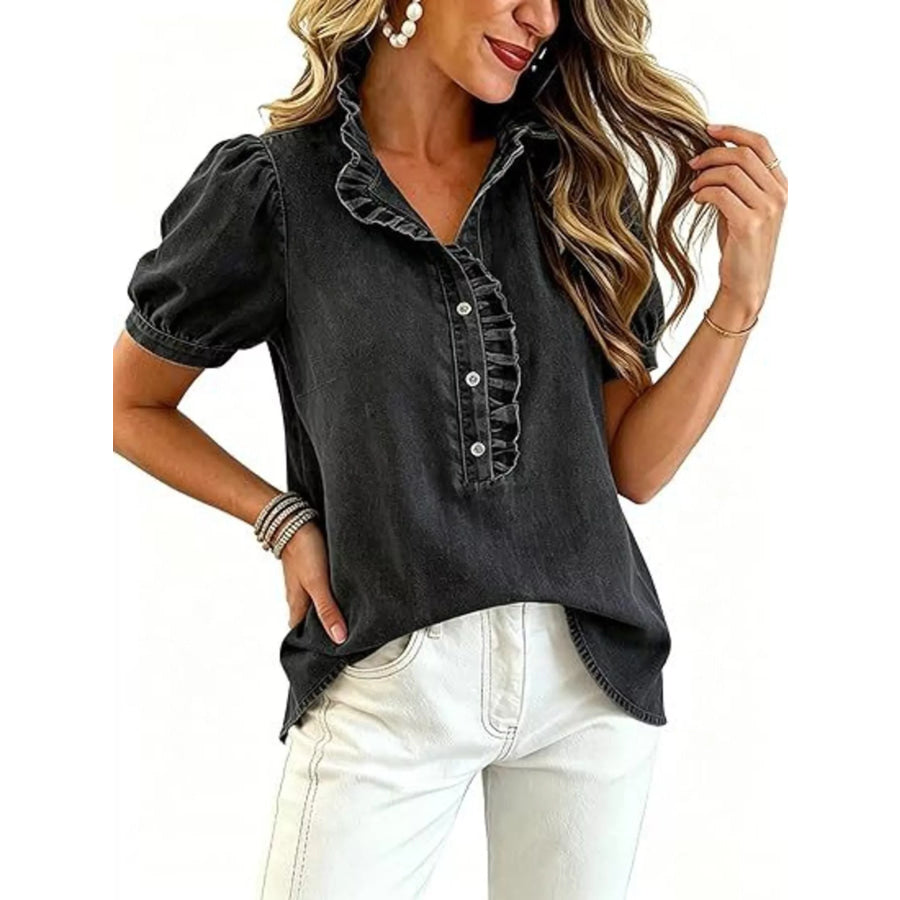 Frill Puff Sleeve Denim Top Apparel and Accessories