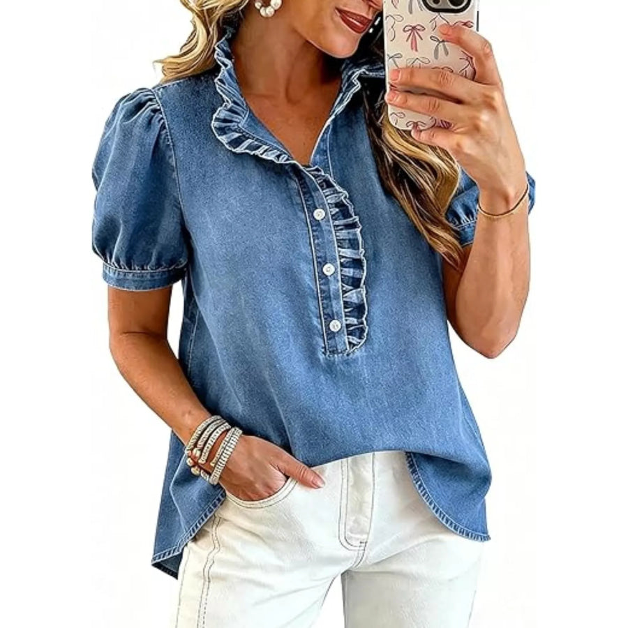 Frill Puff Sleeve Denim Top Apparel and Accessories