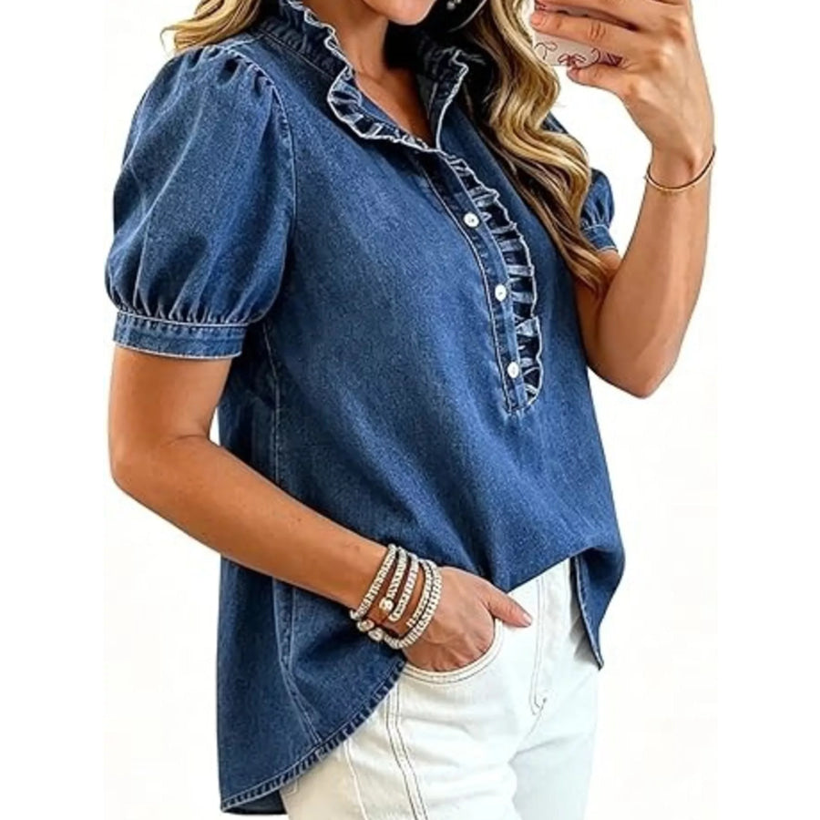 Frill Puff Sleeve Denim Top Apparel and Accessories
