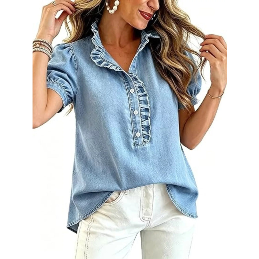 Frill Puff Sleeve Denim Top Apparel and Accessories