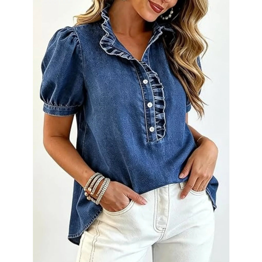 Frill Puff Sleeve Denim Top Apparel and Accessories