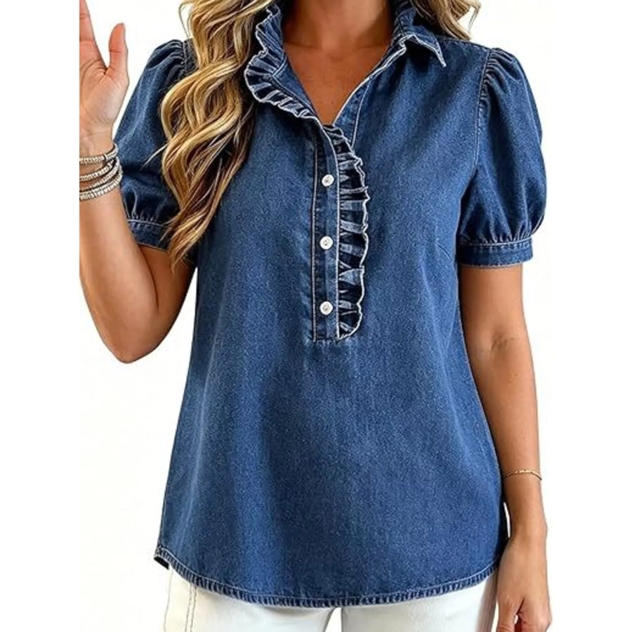 Frill Puff Sleeve Denim Top Apparel and Accessories