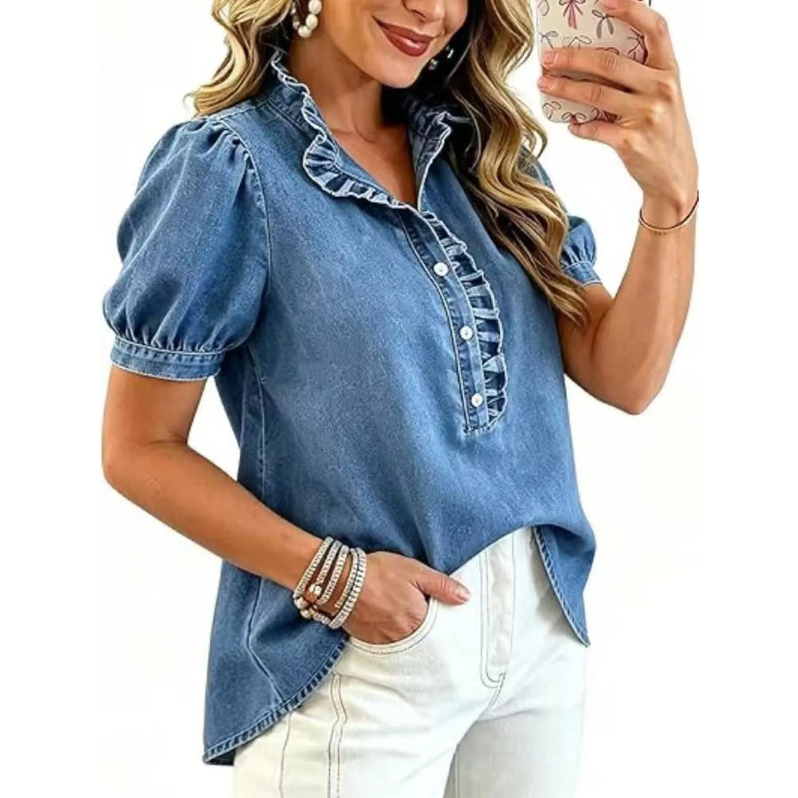 Frill Puff Sleeve Denim Top Apparel and Accessories