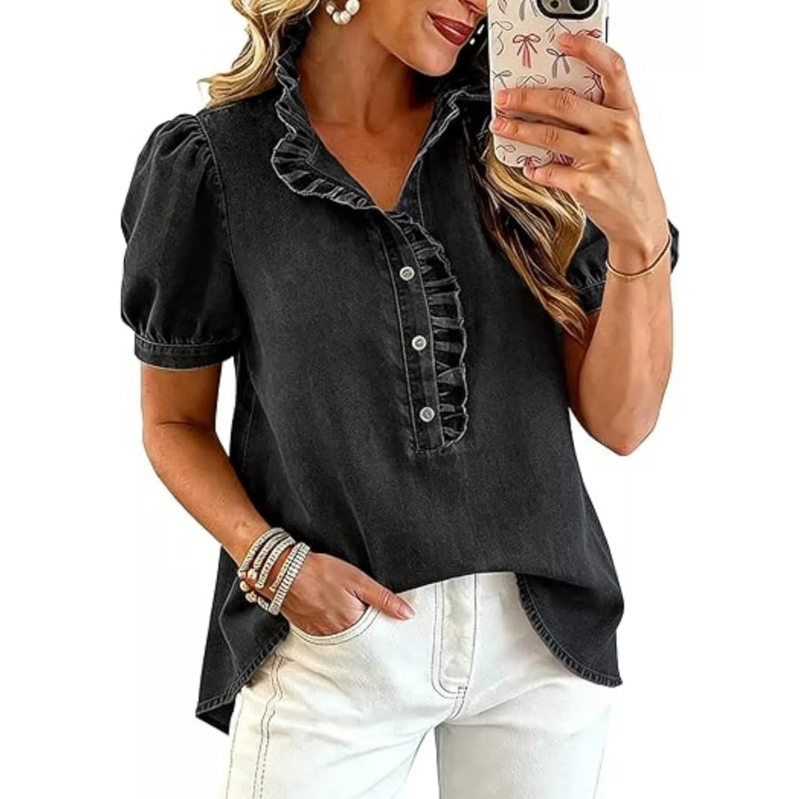Frill Puff Sleeve Denim Top Black / S Apparel and Accessories