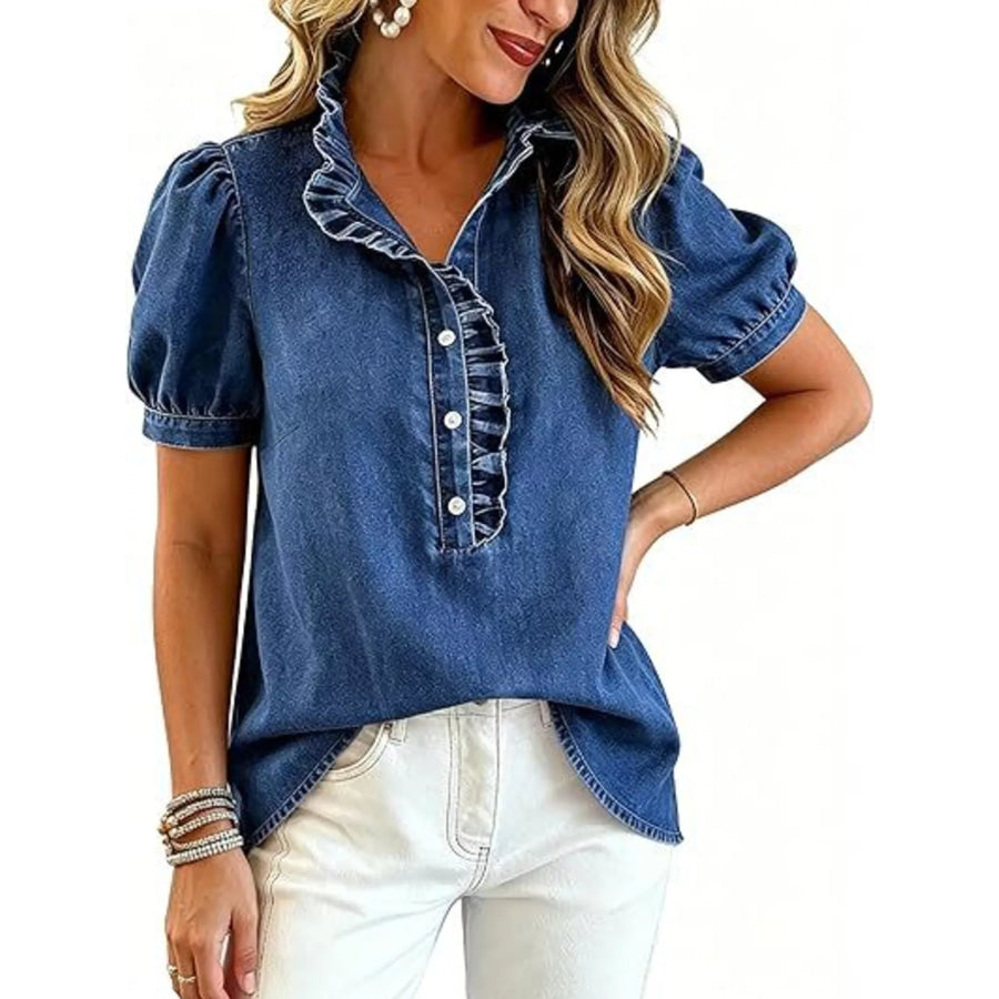 Frill Puff Sleeve Denim Top Dark Blue / S Apparel and Accessories