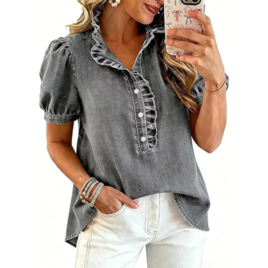 Frill Puff Sleeve Denim Top Gray / S Apparel and Accessories