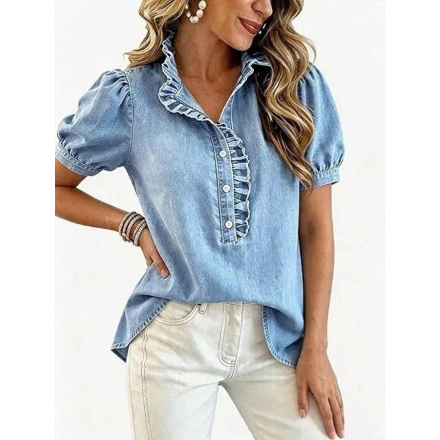 Frill Puff Sleeve Denim Top Sky Blue / S Apparel and Accessories