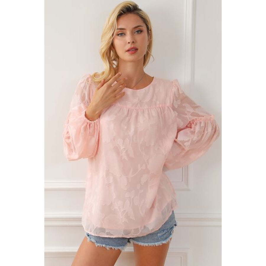 Frill Round Neck Balloon Sleeve Blouse Apparel and Accessories