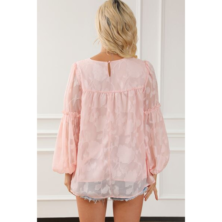 Frill Round Neck Balloon Sleeve Blouse Apparel and Accessories