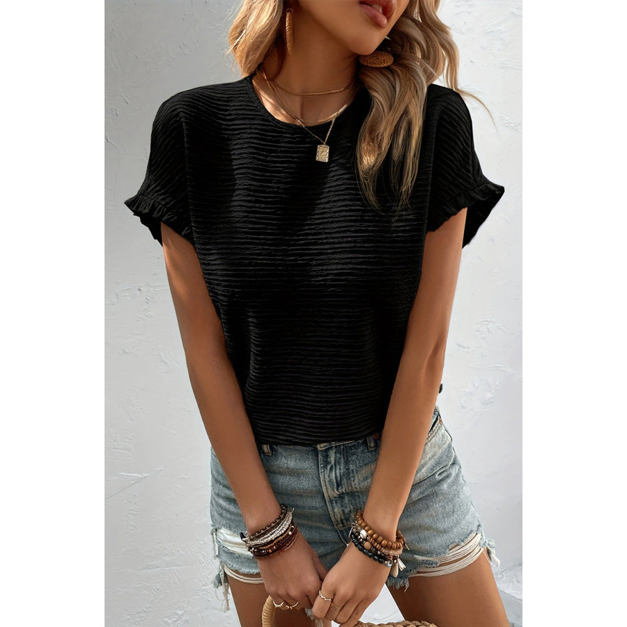 Frill Round Neck Cap Sleeve Blouse Black / S Apparel and Accessories