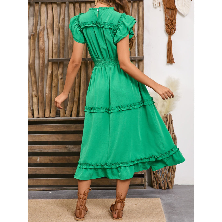 Frill Round Neck Cap Sleeve Midi Dress Apparel and Accessories