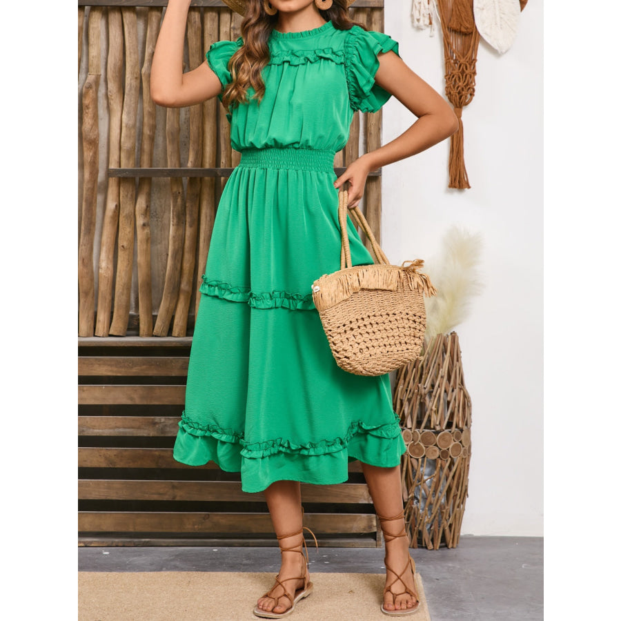 Frill Round Neck Cap Sleeve Midi Dress Apparel and Accessories