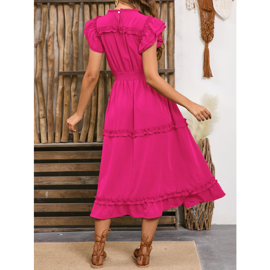 Frill Round Neck Cap Sleeve Midi Dress Apparel and Accessories