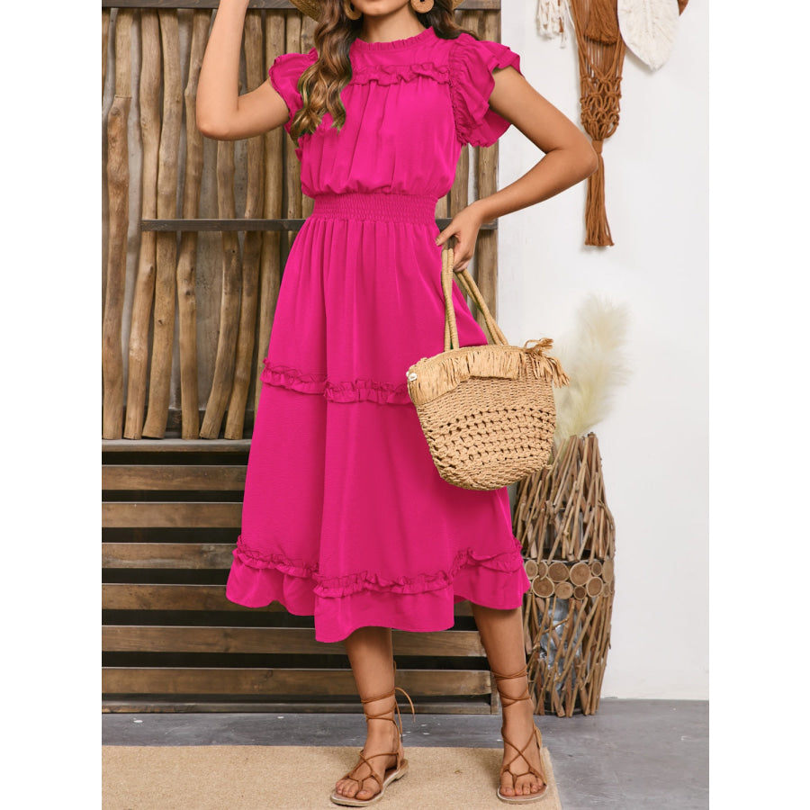 Frill Round Neck Cap Sleeve Midi Dress Apparel and Accessories