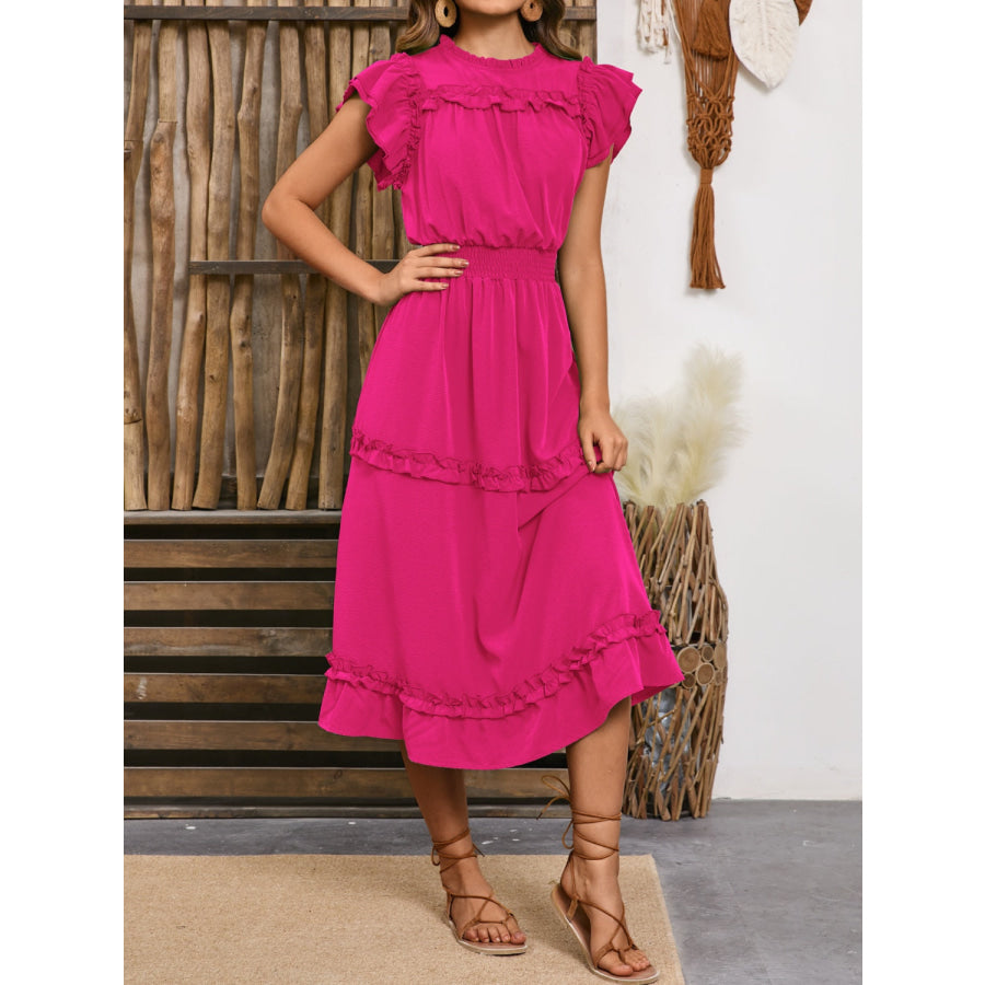 Frill Round Neck Cap Sleeve Midi Dress Deep Rose / S Apparel and Accessories