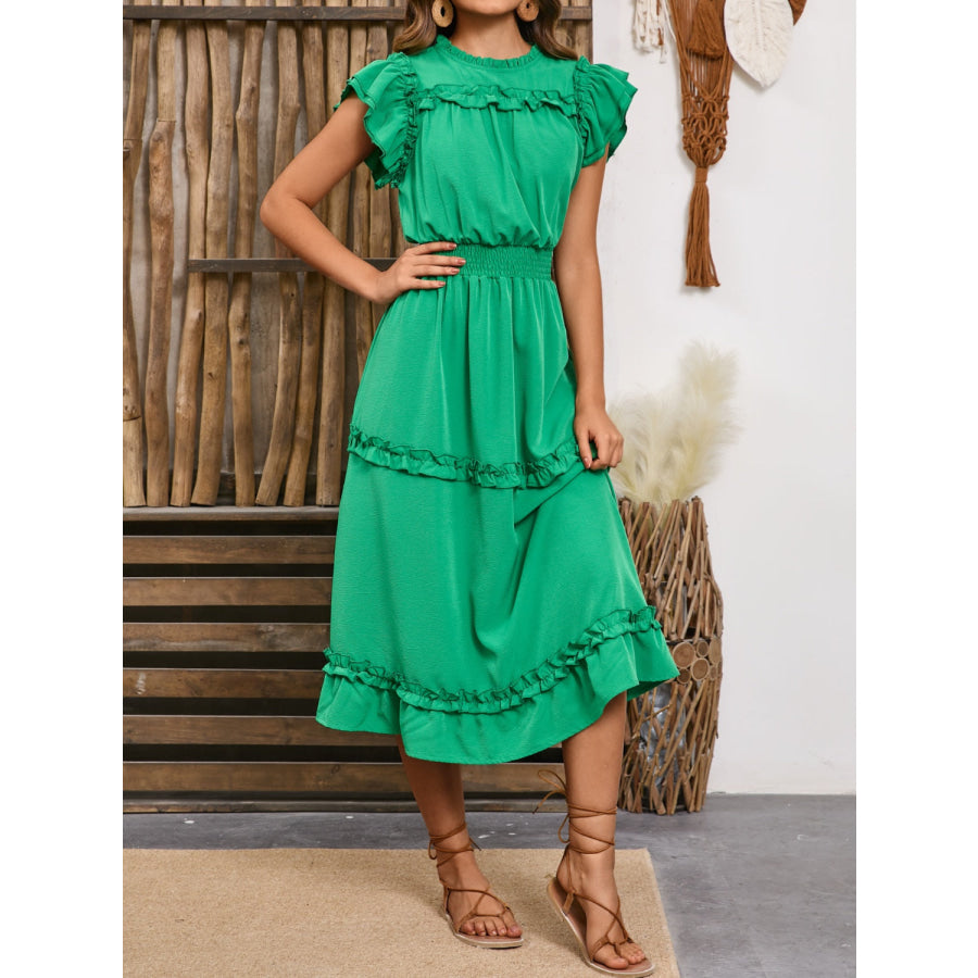 Frill Round Neck Cap Sleeve Midi Dress Green / S Apparel and Accessories