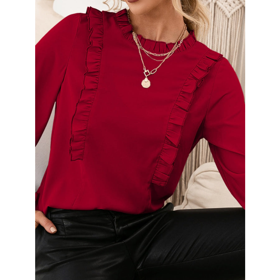 Frill Round Neck Flounce Sleeve Blouse Apparel and Accessories