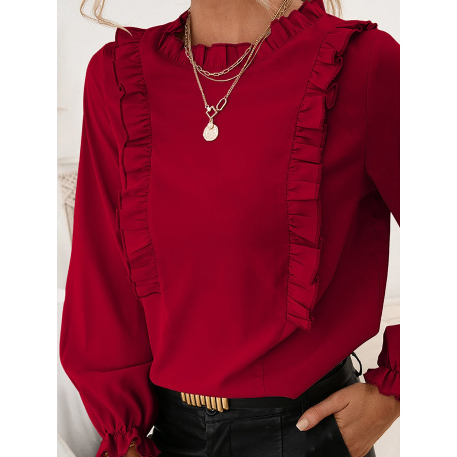 Frill Round Neck Flounce Sleeve Blouse Apparel and Accessories