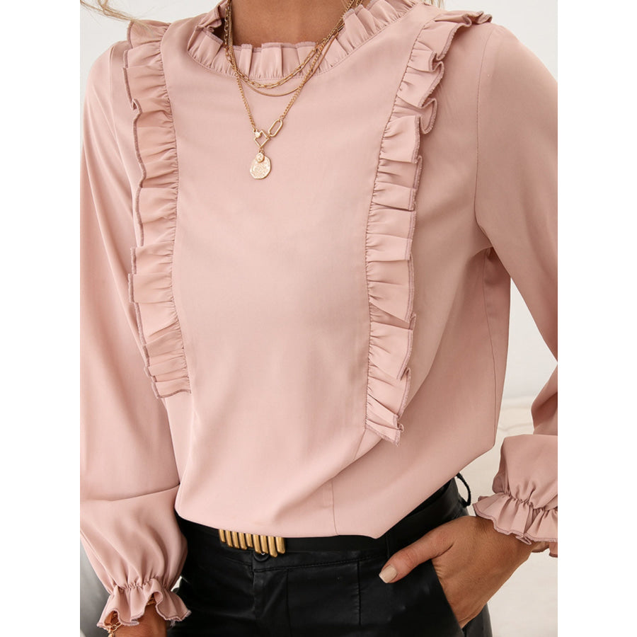 Frill Round Neck Flounce Sleeve Blouse Apparel and Accessories