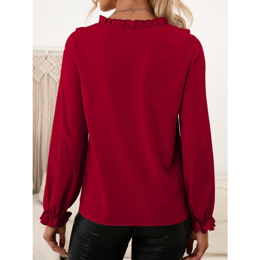 Frill Round Neck Flounce Sleeve Blouse Apparel and Accessories