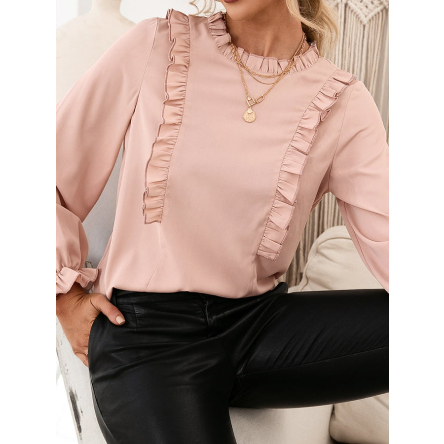 Frill Round Neck Flounce Sleeve Blouse Apparel and Accessories