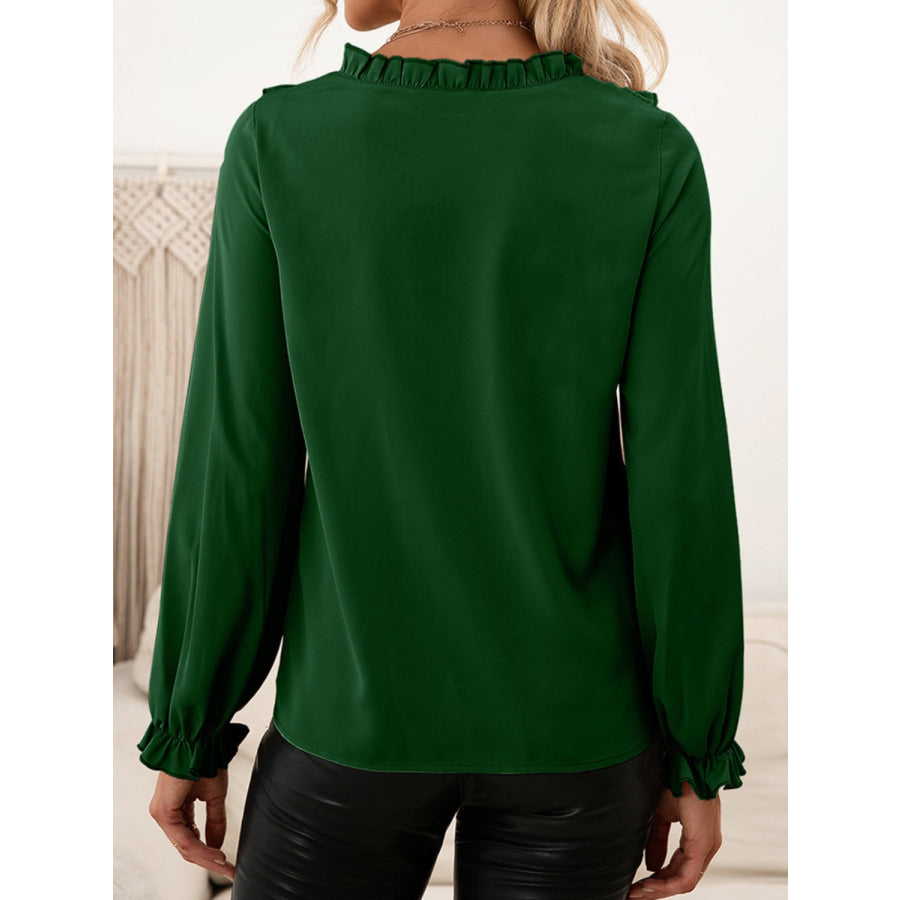 Frill Round Neck Flounce Sleeve Blouse Apparel and Accessories