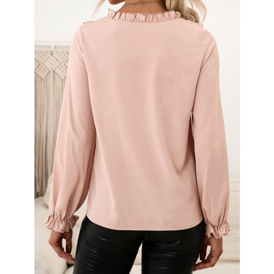 Frill Round Neck Flounce Sleeve Blouse Apparel and Accessories