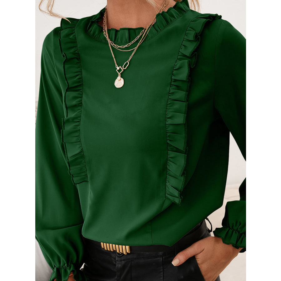 Frill Round Neck Flounce Sleeve Blouse Apparel and Accessories