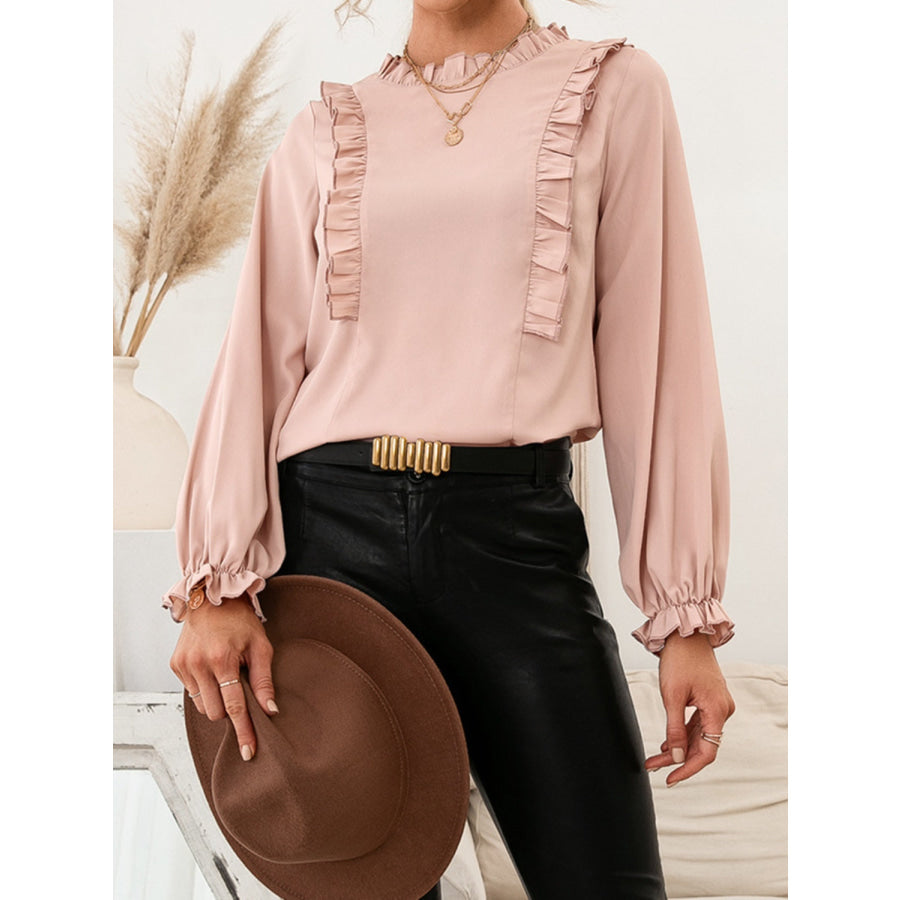 Frill Round Neck Flounce Sleeve Blouse Blush Pink / S Apparel and Accessories