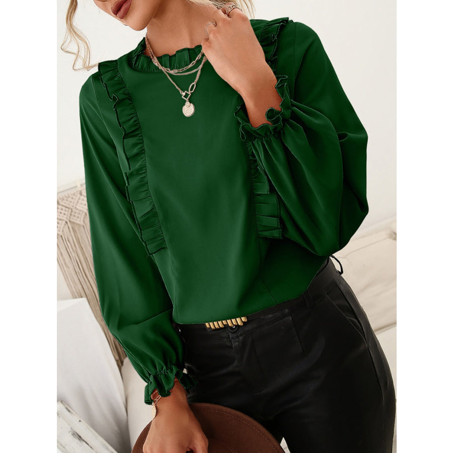 Frill Round Neck Flounce Sleeve Blouse Green / S Apparel and Accessories