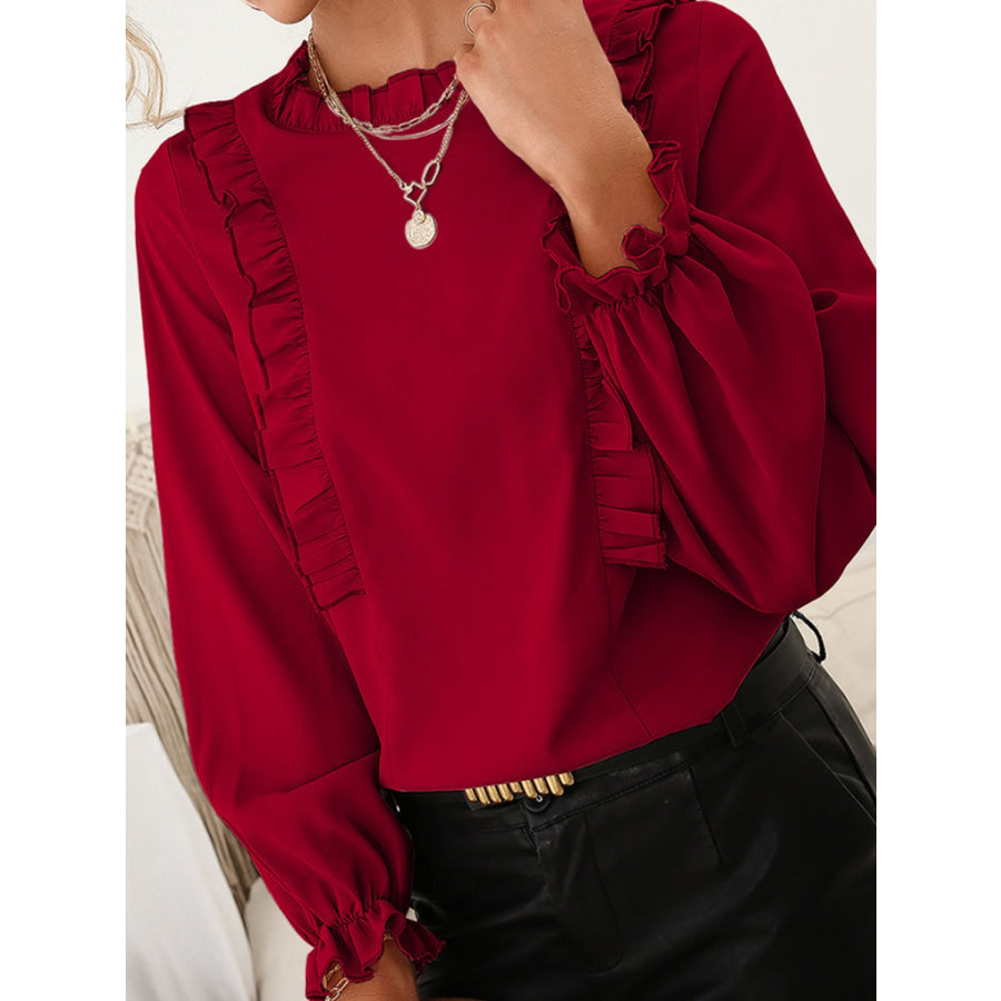 Frill Round Neck Flounce Sleeve Blouse Wine / S Apparel and Accessories