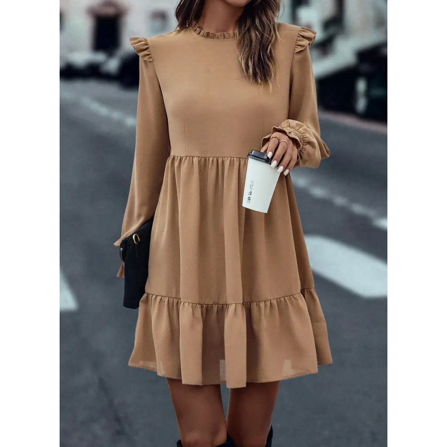 Frill Round Neck Flounce Sleeve Mini Dress Apparel and Accessories