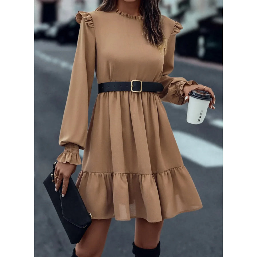 Frill Round Neck Flounce Sleeve Mini Dress Apparel and Accessories