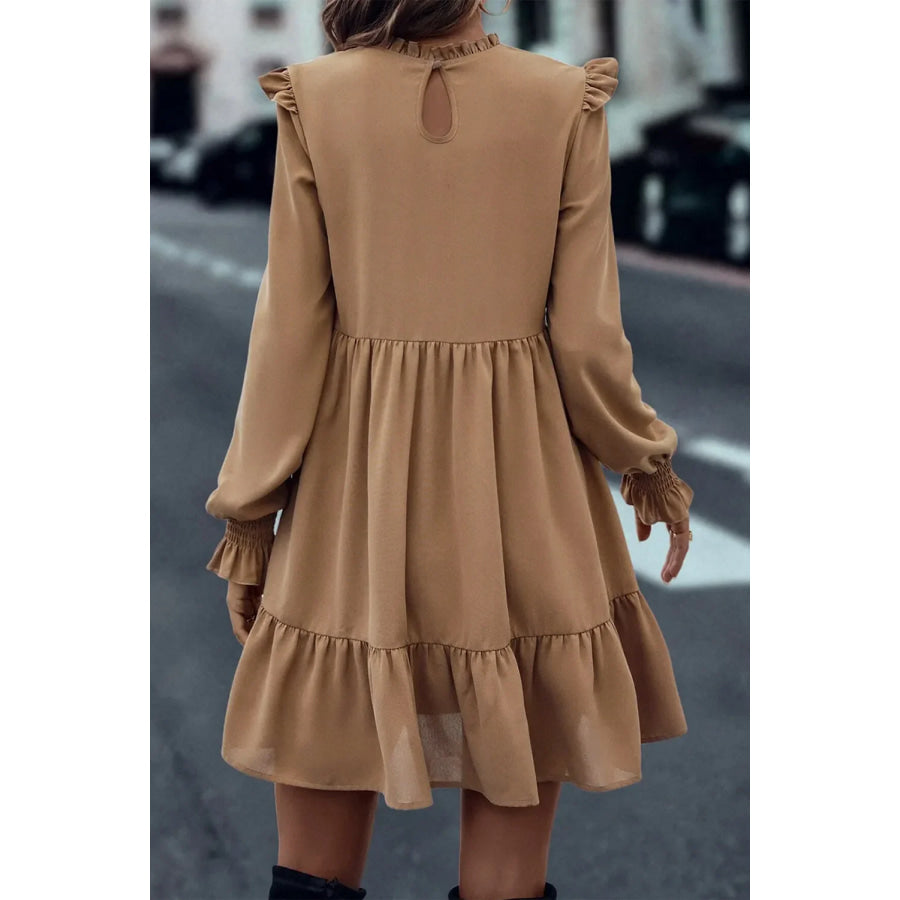 Frill Round Neck Flounce Sleeve Mini Dress Apparel and Accessories