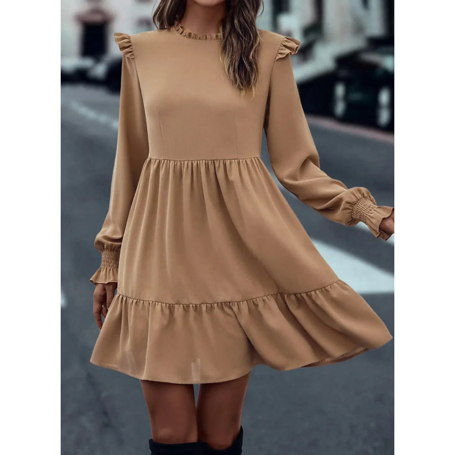 Frill Round Neck Flounce Sleeve Mini Dress Camel / S Apparel and Accessories