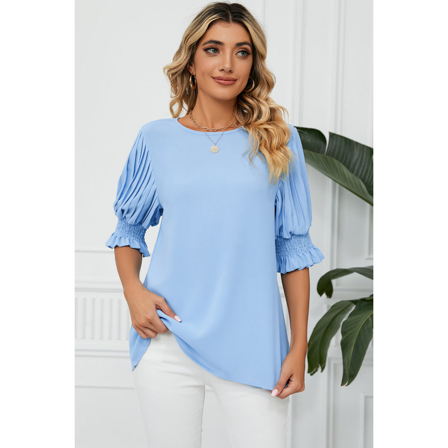 Frill Round Neck Lantern Sleeve T - Shirt Pastel Blue / S Apparel and Accessories