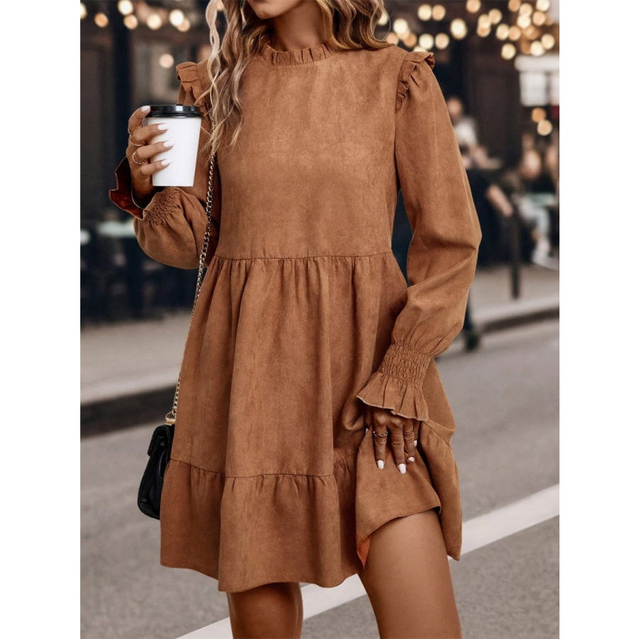 Frill Round Neck Long Sleeve Mini Dress Apparel and Accessories