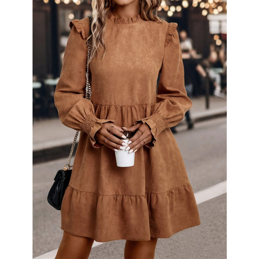 Frill Round Neck Long Sleeve Mini Dress Apparel and Accessories