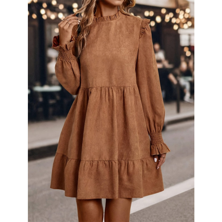 Frill Round Neck Long Sleeve Mini Dress Apparel and Accessories