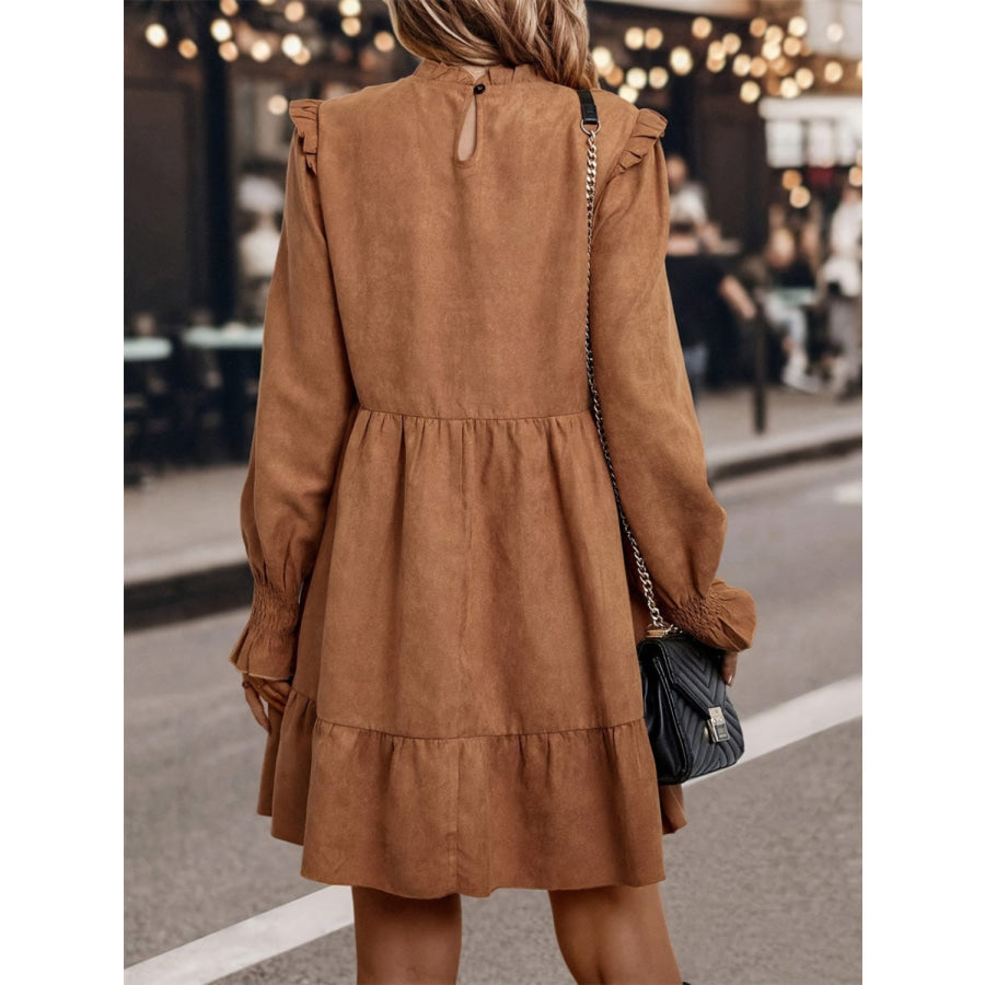 Frill Round Neck Long Sleeve Mini Dress Apparel and Accessories