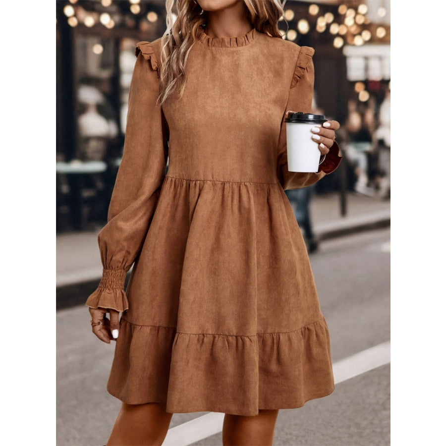 Frill Round Neck Long Sleeve Mini Dress Caramel / S Apparel and Accessories