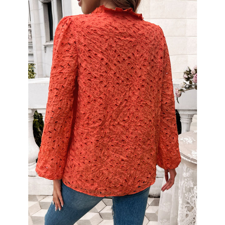 Frill Round Neck Long Sleeve Shirt Orange-Red / S Apparel and Accessories