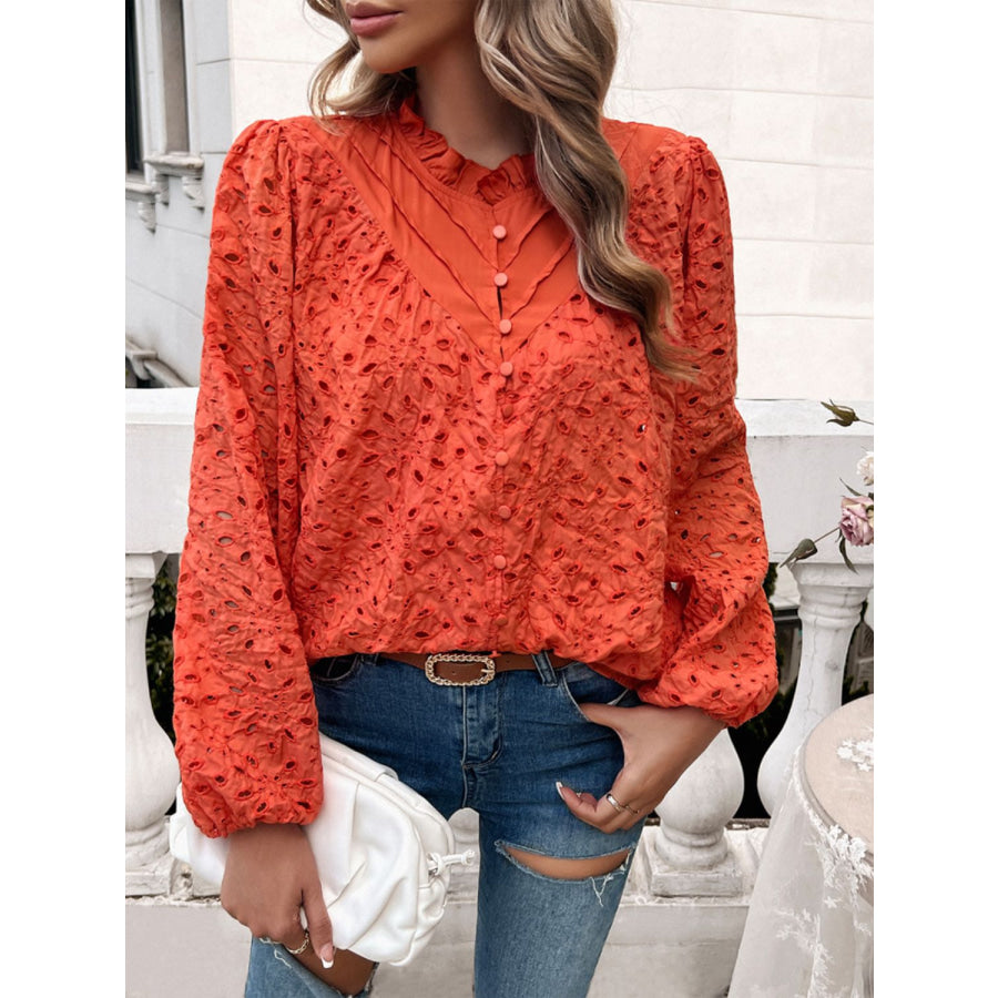 Frill Round Neck Long Sleeve Shirt Orange-Red / S Apparel and Accessories