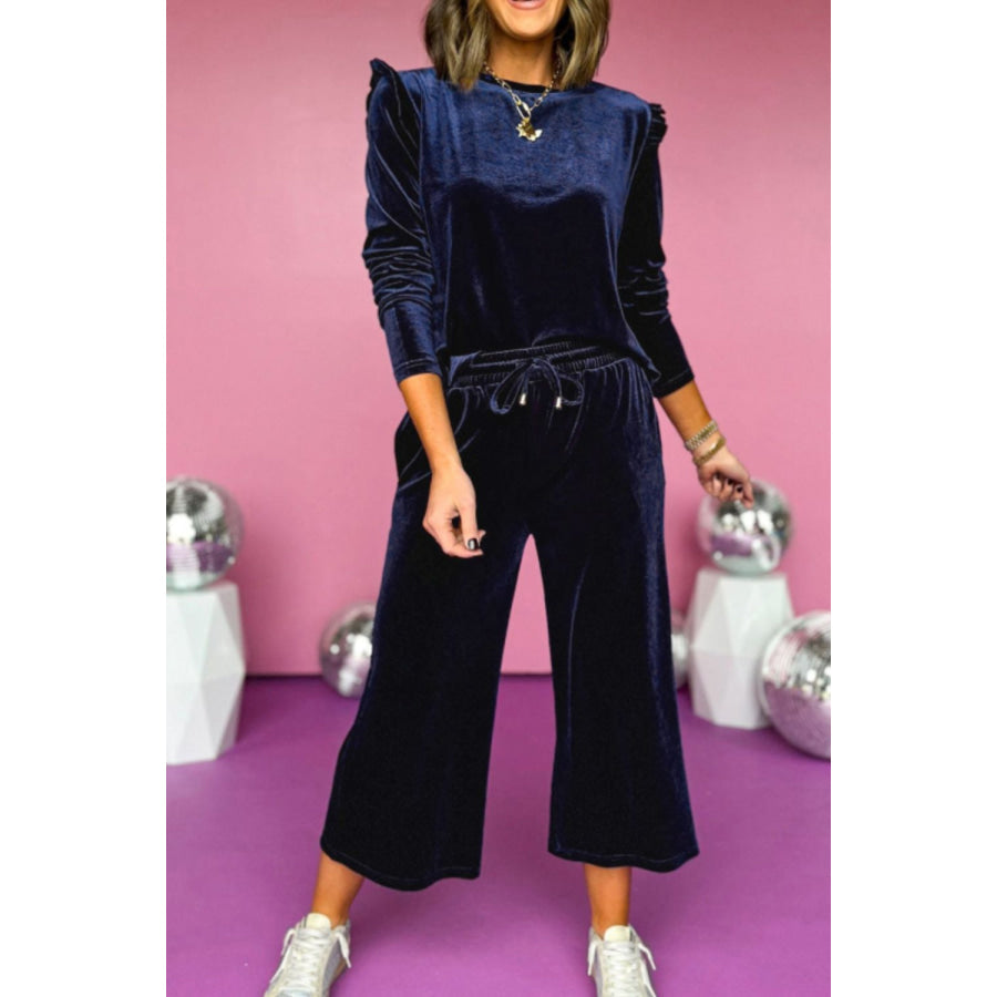 Frill Round Neck Long Sleeve Top and Pants Set Apparel and Accessories