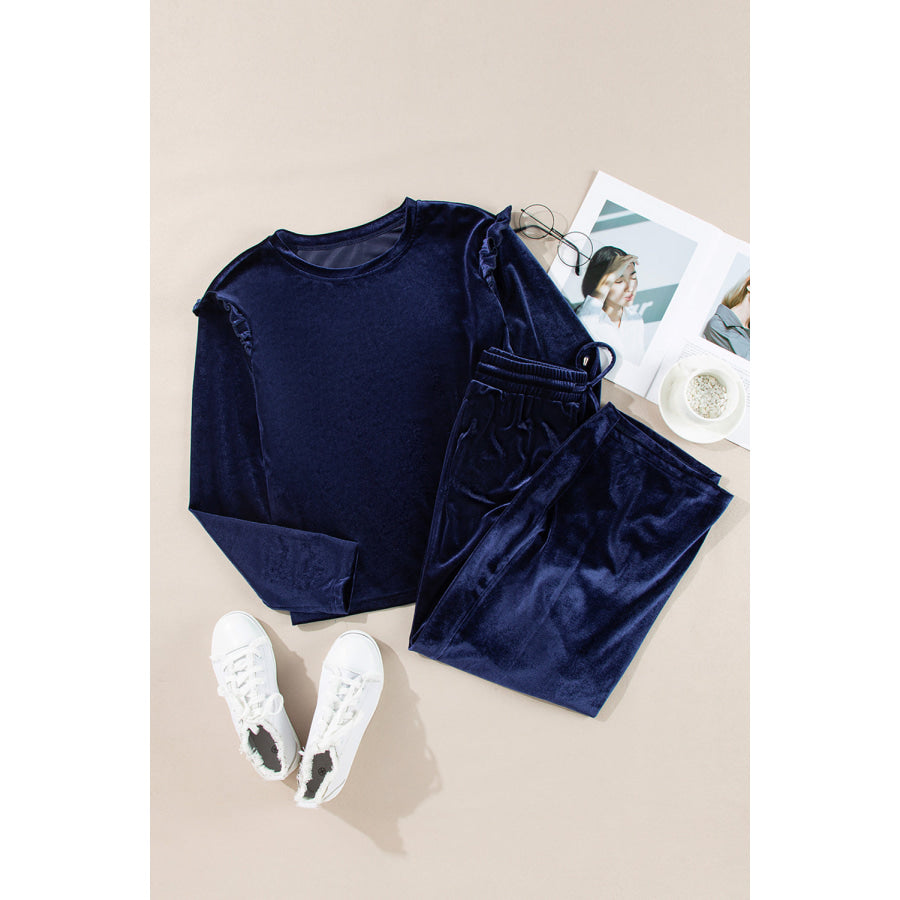 Frill Round Neck Long Sleeve Top and Pants Set Apparel and Accessories