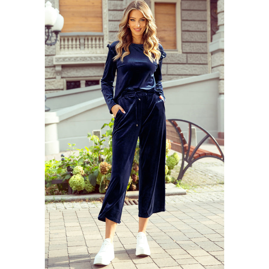 Frill Round Neck Long Sleeve Top and Pants Set Indigo / S Apparel and Accessories